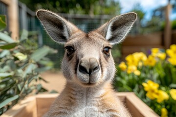 Obraz premium A kangaroo lounging in a sunlit habitat, with eucalyptus trees and a sandy enclosure behind it