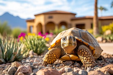 A large tortoise slowly walking through its exhibit, surrounded by stones and sparse vegetation