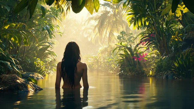 Naked woman bathing in jungle river. Selective focus. Nature.