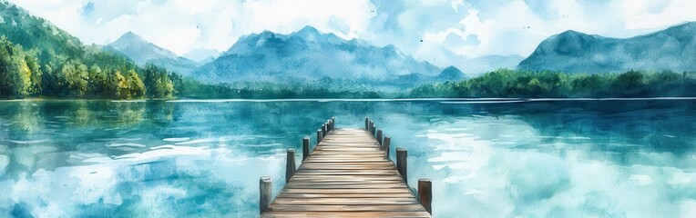 Naklejka premium Wooden pier stretching into clear blue lake with mountains reflecting in tranquil water, showcasing nature's serene beauty