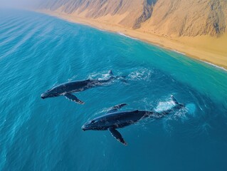 Fototapeta premium Two Humpback Whales Swim in Turquoise Waters Near a Sandy Shoreline
