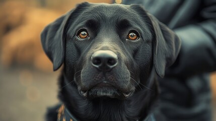 Black Labrador portrait, autumn park, attentive gaze, pet adoption