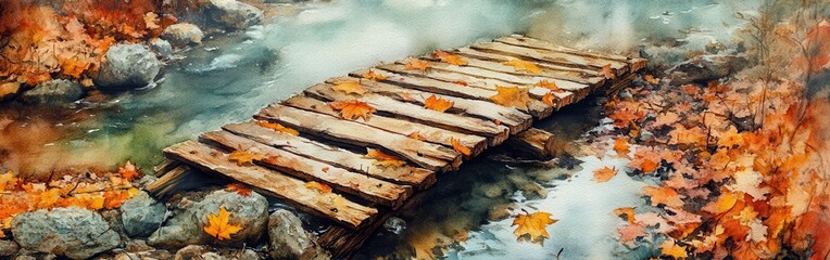 Charming wooden bridge over a clear stream surrounded by vibrant autumn leaves in a rustic forest setting