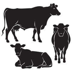 Set of Texas longhorn cow silhouettes in various poses. isolated vector on white background.