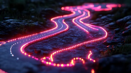 Neon Road: Abstract glowing pink neon lights trace a winding path through a dark, mysterious landscape.  The vibrant, futuristic design creates a sense of movement and intrigue. 