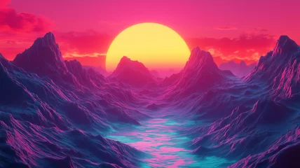 Fototapete Rund Fantastic landscape with a big bright sun background.. Sunrise or sunset concept poster. Sci-fi alien planet horizontal banner. Digital illustration. AI artwork.  © Oxana