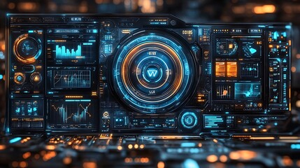 Futuristic Tech Interface: A stunning, high-tech digital interface with glowing blue and orange elements, complex data visualizations, and a central circular display.