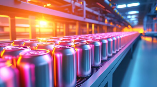 Production line action of canned beverages in modern factory environment with vibrant lighting