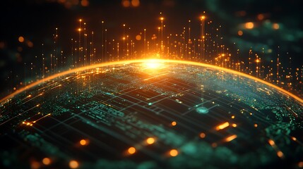 Obraz premium Global Network: A futuristic depiction of Earth glowing with vibrant orange and teal digital energy streams, symbolizing interconnectedness and technological advancement.