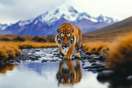 A majestic tiger pacing along a stream in its expansive habitat, with tall grass and a rocky backdrop