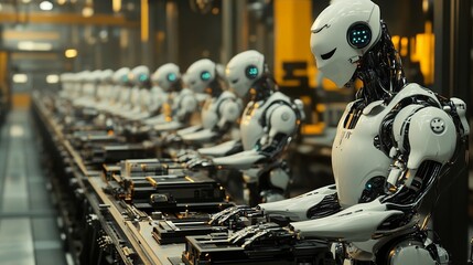 Fototapeta premium Robots Working on Assembly Line Industrial Automation
