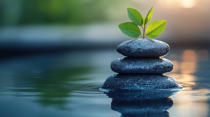 Obraz premium Serenity Plant Sprout on Stones, Water, Sunset