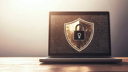 Laptop with Shield and Lock: A laptop screen displays a prominent shield with a lock, symbolizing digital security and data protection. The image evokes a sense of safety and reliability.