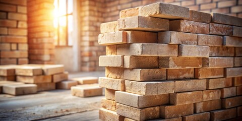 Sunlight Illuminates a Stack of Bricks at a Construction Site, Showing the Texture and Color of the Material, Ready for the Next Phase of Building a Wall