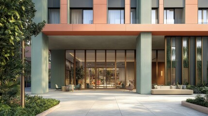 Obraz premium Calming entrance of a modern building with soft gradient colors creating a welcoming atmosphere