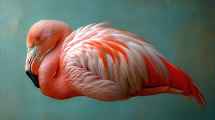 Pink flamingo resting, teal background, zoo portrait, wildlife photography