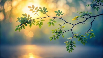 Obraz premium Serene Sunset Silhouette A Branch's Gentle Embrace of Golden Light and Verdant Leaves
