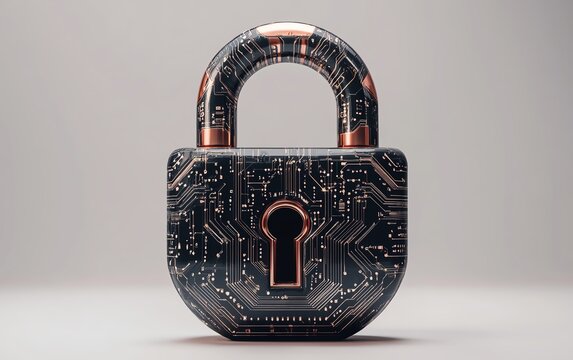 3D mockup of a padlock with binary code and circuit design, front view, symbolizing cybersecurity and future technology, clean white background with place for poster