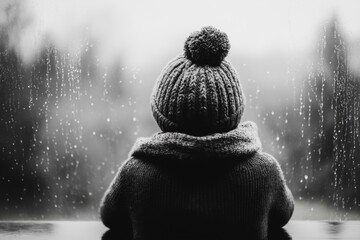 A person gazing out of a rain-streaked window, their reflection blending with the gray outdoors
