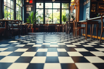 Checkerboard floor with vintage diner decor in the background