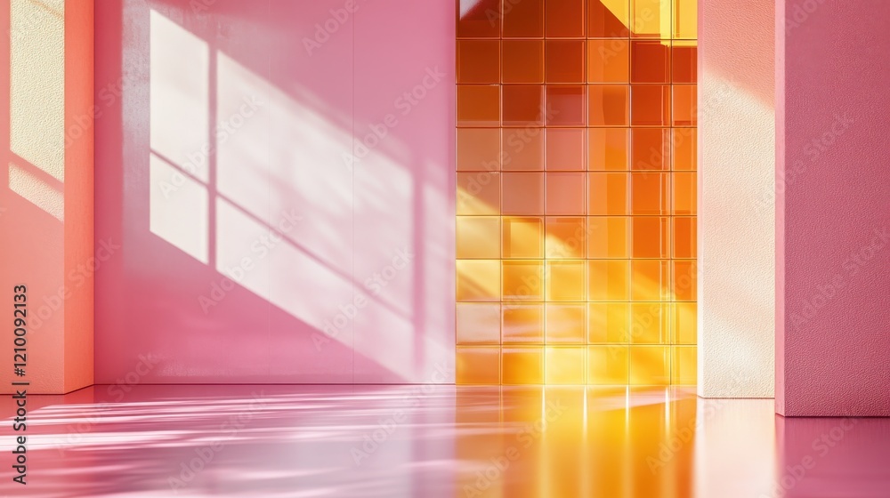 Poster Minimalist fragmented grids create a harmonious balance with pastel pink and amber tones in a serene interior space