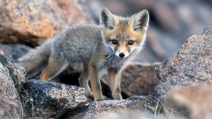Fototapeta premium A playful fox cub exploring a rocky area.