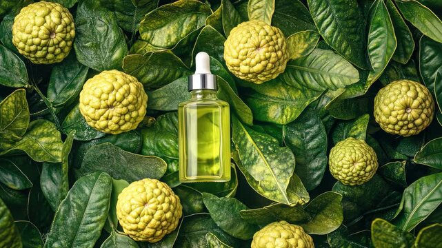 Bergamot essential oil in a bottle. Selective focus. Nature.