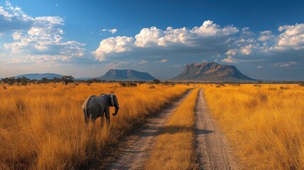 Fototapeta premium Elephant walking on a path through a grassy landscape with mountains in the distance