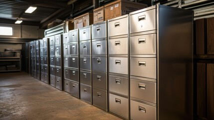 A row of metal file cabinets in a storage room.