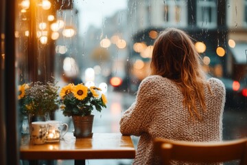A person sitting alone at a cafÃ© table, staring out the window as rain streaks the glass