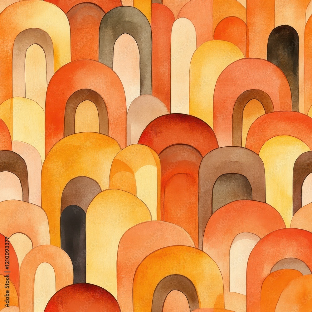 Poster Intricate doodle of overlapping archways painted in warm earth tones with soft shadows for depth in a whimsical watercolor design