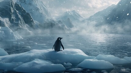 A penguin sitting on an ice floe in the middle of Antarctica, beautiful sky and water