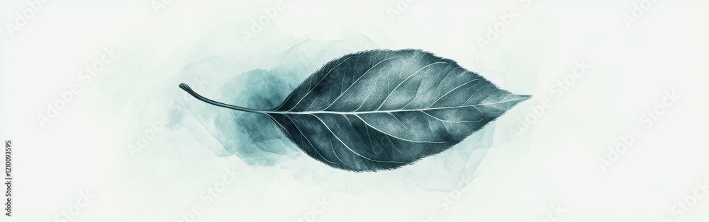 Poster calming abstract silhouette of a leaf in teal and gray gradient pencil strokes captures minimalist b