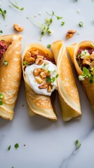 Mini crepes with mushroom pate, beet hummus, and yogurt in a geometric layout