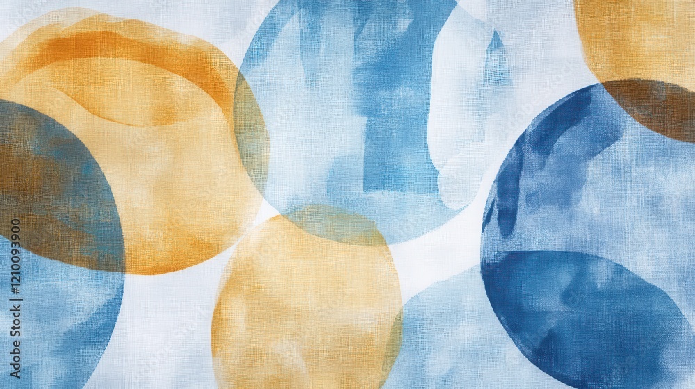 Poster abstract pencil strokes create a textured composition of pastel blue and amber circular shapes layer