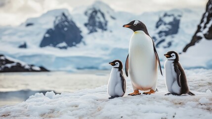 Obraz premium Family of penguins standing on an snow covered mountains