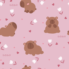 Seamless pattern with hand drawn cartoon capybara, flowers and hearts on pink background. Vector illustration with animals for fabric, Valentine's Day, clothes, card.