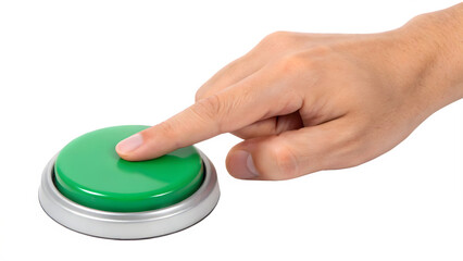 a hand pressing a green button isolated on background