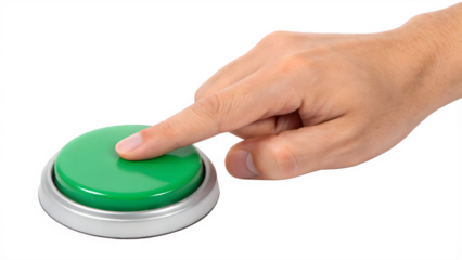 a hand pressing a green button isolated on background
