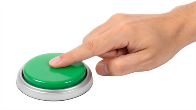 a hand pressing a green button isolated on background