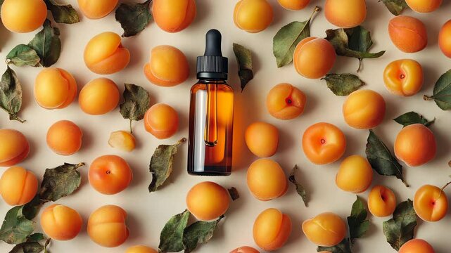 Apricot essential oil in a bottle. Selective focus. Nature.