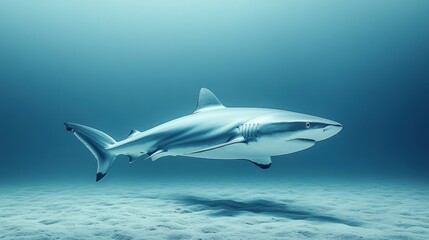 Shark swimming ocean floor, blue water, sandy seabed, wildlife documentary