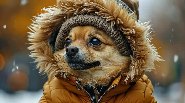 Chihuahua in Warm Winter Coat with Fur Hood Outdoors in Snow
