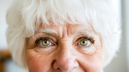 Close-up elderly woman's eyes, indoors, soft focus background, healthcare