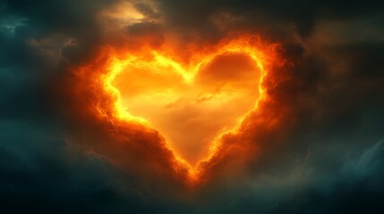 Fototapeta premium Fiery heart-shaped cloud formation in stormy sky.