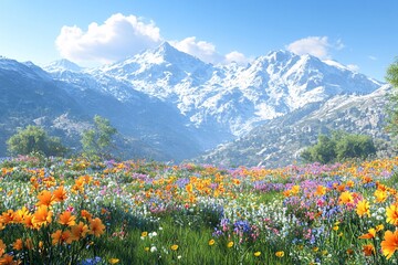 Fototapeta premium Mountain Valley: A serene mountain valley with vibrant wildflowers in full bloom in the foreground, a clear blue sky above, and majestic snow-capped peaks in the distance, captured in photorealistic
