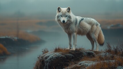 Fototapeta premium Arctic wolf standing, misty landscape, wildlife photography, nature