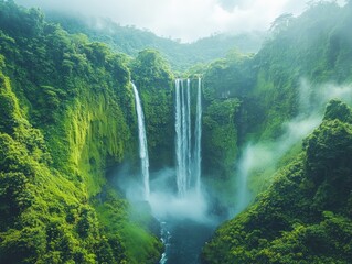 Fototapeta premium Majestic waterfalls cascading down lush green cliffs in a misty landscape