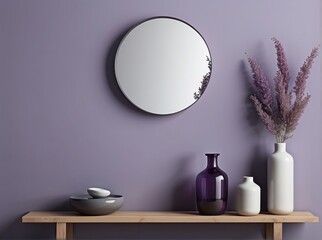 living room interior with design shelf, stylish mirror, decorations, vase, personal accessories, Purple wall
