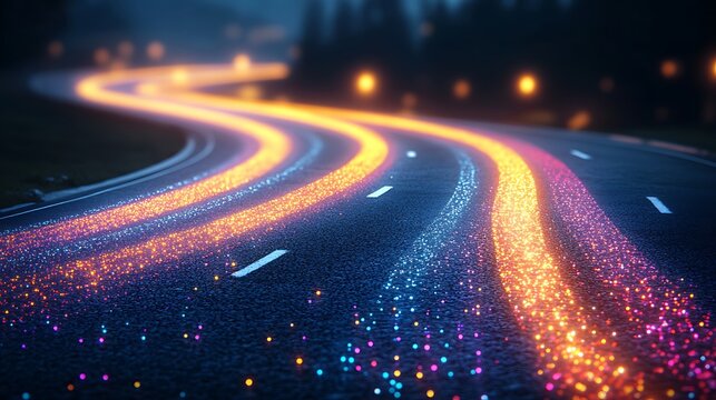 Winding Road of Lights: A mesmerizing night-time shot of a winding road illuminated by colorful streaks of light, creating a dynamic and futuristic abstract pattern.